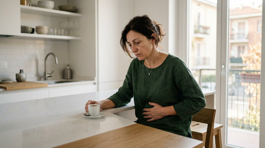 Donna a colazione con solo un caffè