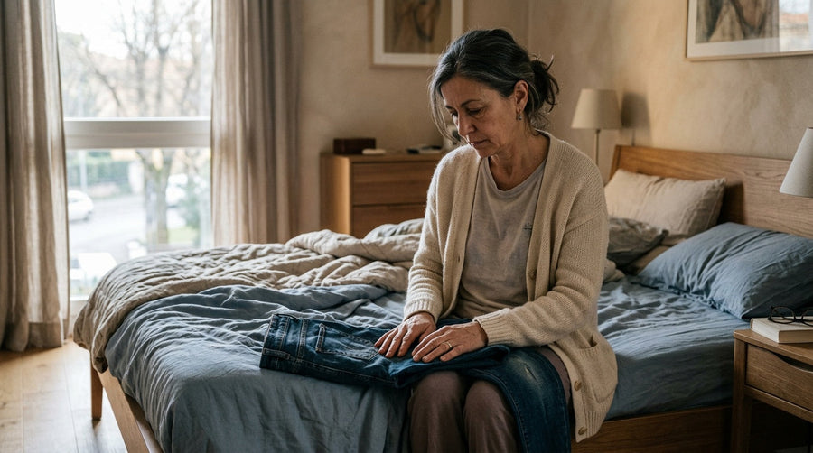 Donna seduta sul letto che evita lo specchio