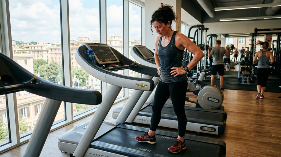 Donna esausta sul tapis roulant in palestra